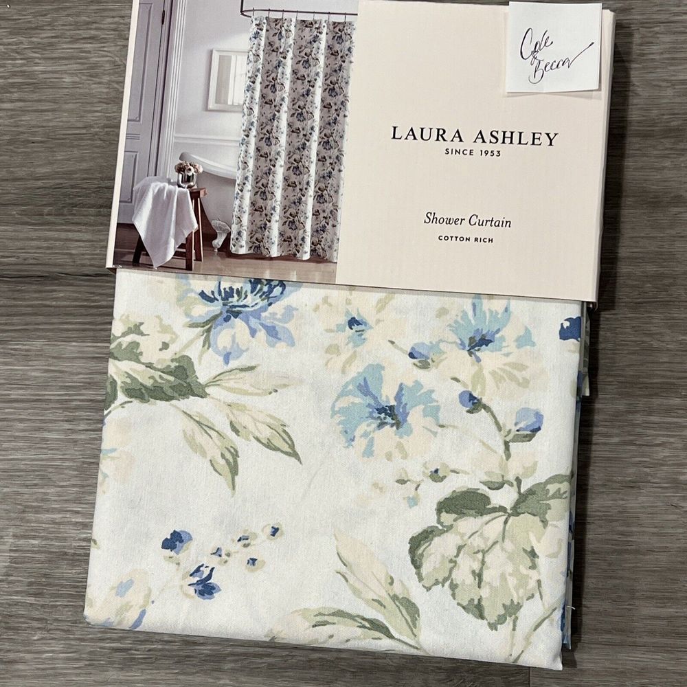 LAURA ASHLEY Shower Curtain Blue Floral Green Leaves 72"x72" Cotton Blend New